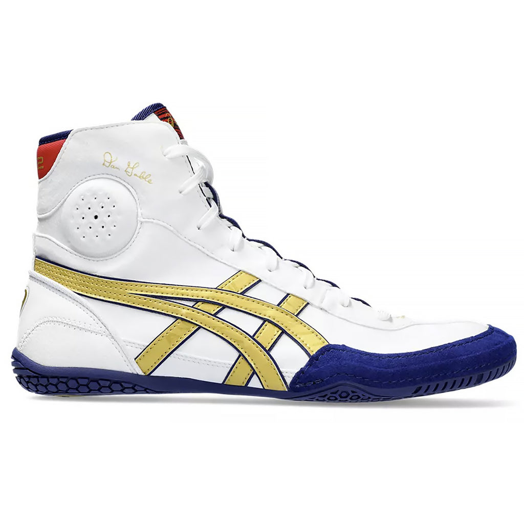 ASICS Dan Gable EVO 3 Wrestling Shoes in White, Gold, Blue and Red from the side