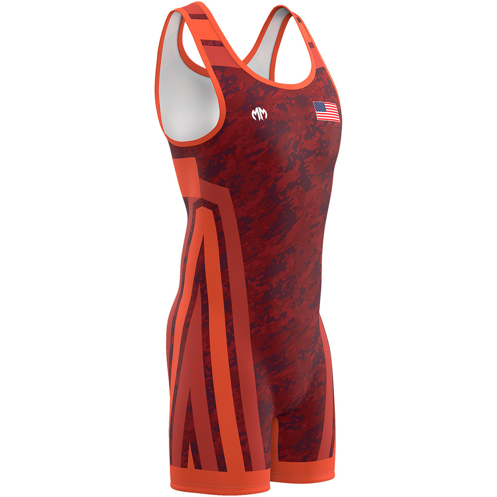 Matman Conquest Wrestling Singlets in Red Digi Camo from a front 3/4 angle